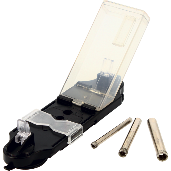 Set di 3 corone diamantate Ø 6810 per trapano + guida con deposito d'acqua