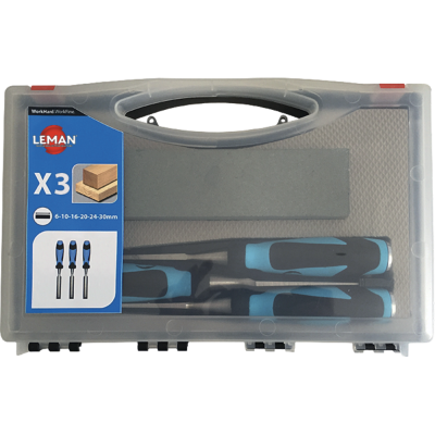 Box of 3 wood chisels with two-material handle + stone