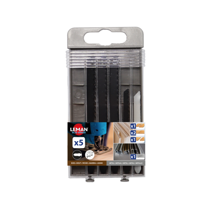 Coffret assortiment 5 lames de scie sauteuse universelles emmanchement t