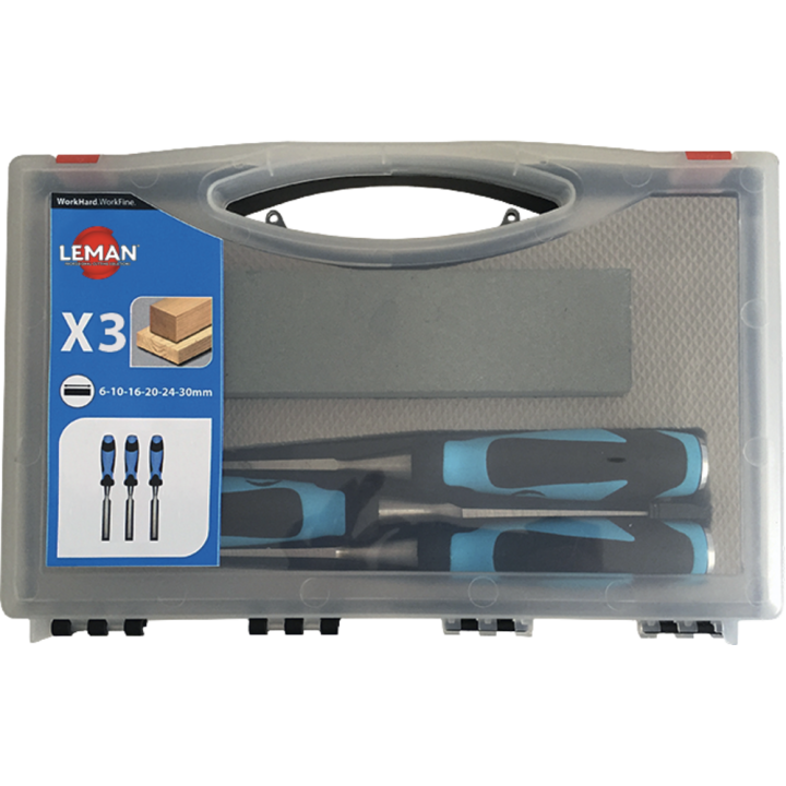 Coffret de 3 ciseaux À bois À manche bi-matiÈre + pierre