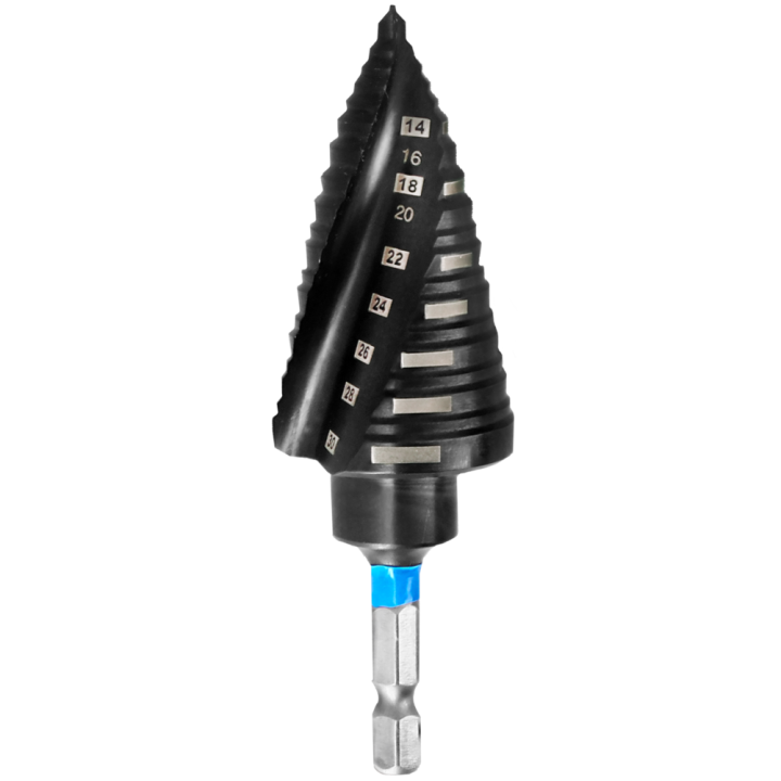 Step drill bit steel + impact spiral tialn