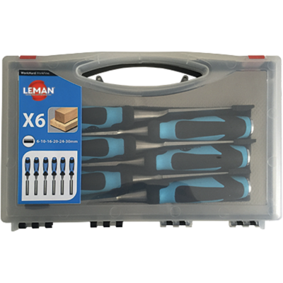 Box of 6 wood chisels with two-material handle