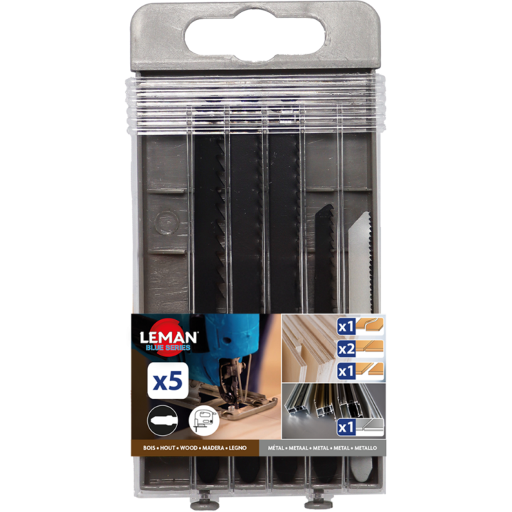 Coffret assortiment 5 lames de scie sauteuse universelles emmanchement t
